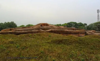 The low mound of Bhoja Vihara across a grassy field