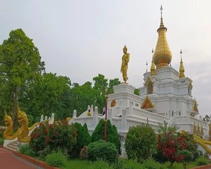 The pagoda and a standing golden Buddha, seen from the garden