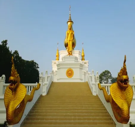 Staircase guarded by golden naga serpents leading up to the white World Peace Pagoda