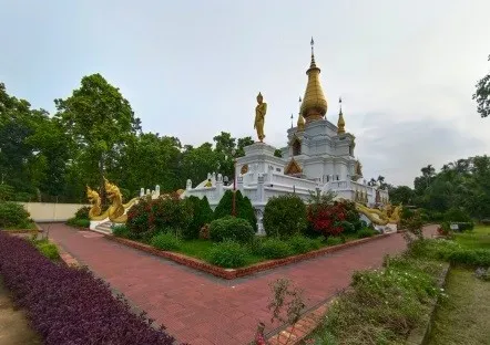 Garden path curving towards the pagoda